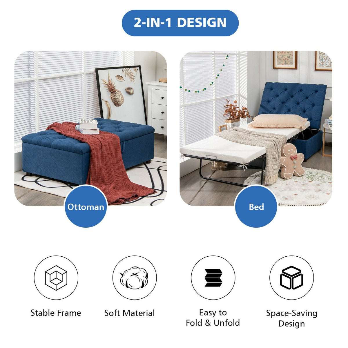 2-in-1 Convertible Sofa Bed with Mattress for Home and Office-Blue