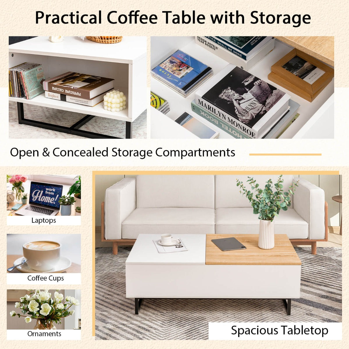 Lift Up ConvertibleTop Coffee Table with Hidden Storage Compartment