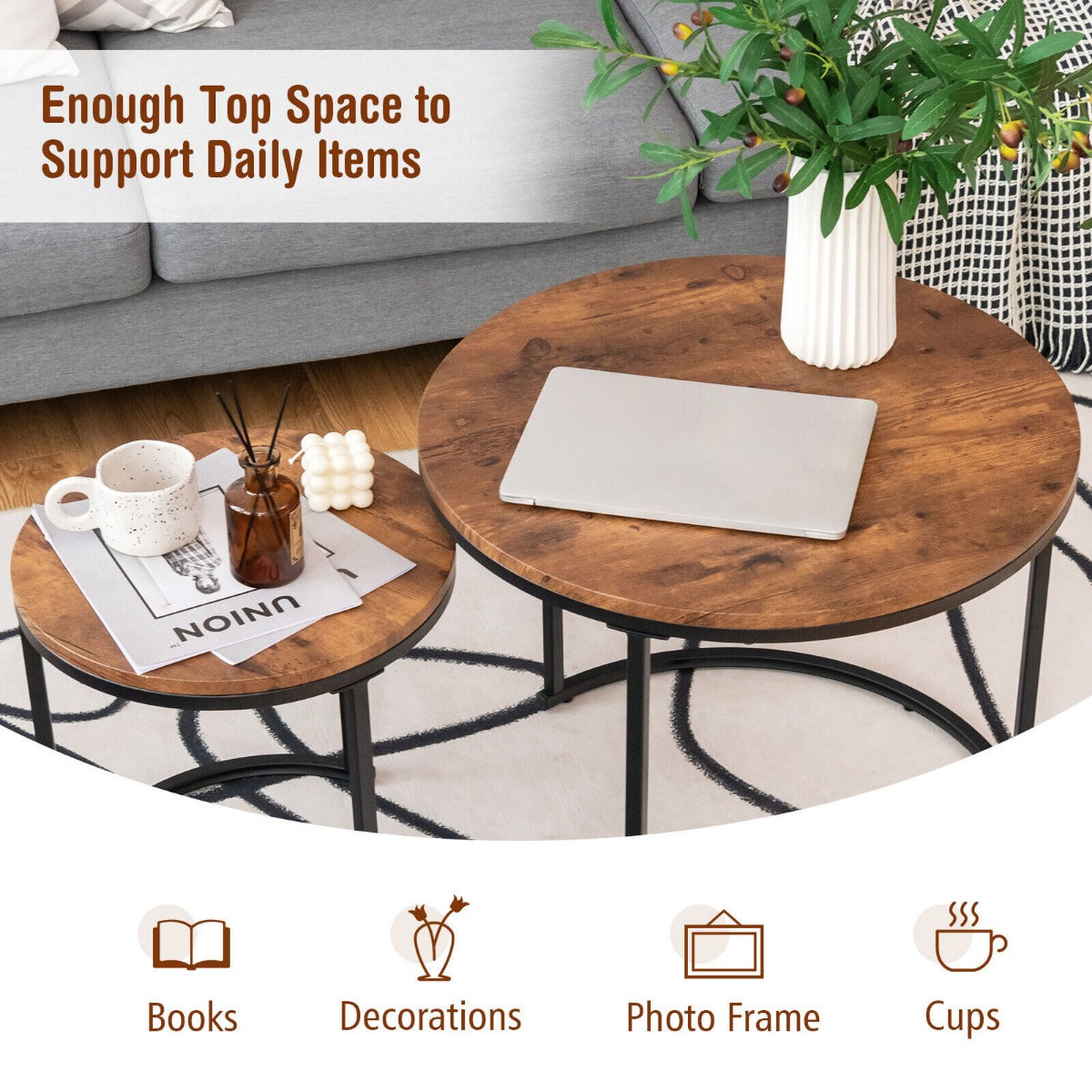 2 Piece Modern Industrial Stackable Nesting Coffee Tables for for Home Office-Coffee