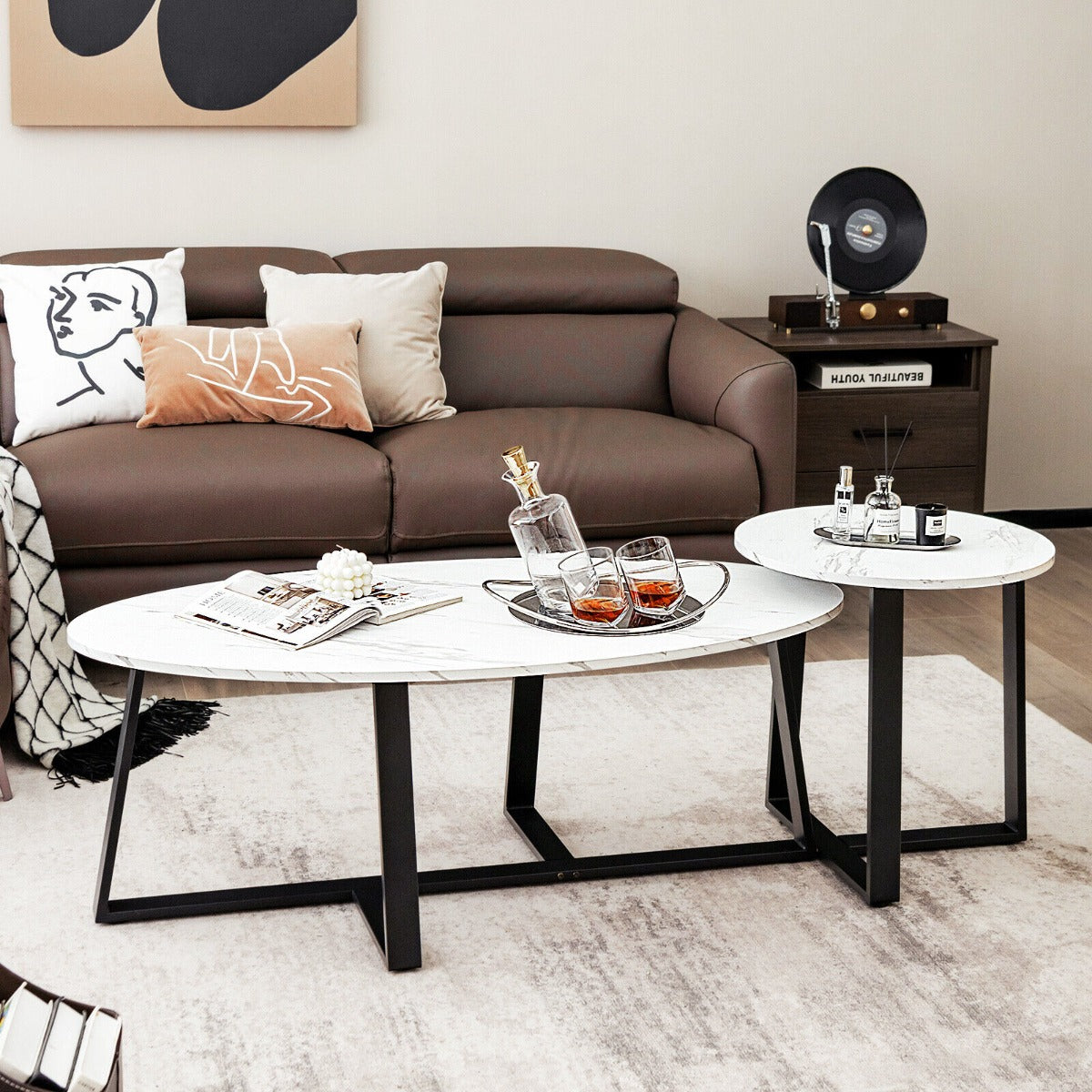 Set of 2 Modern Faux Marble Oval Round Coffee Table for Home Office