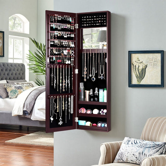 Wall Mounted Jewelry Armoire with Built-in Mirror and 3 Shelves-Brown