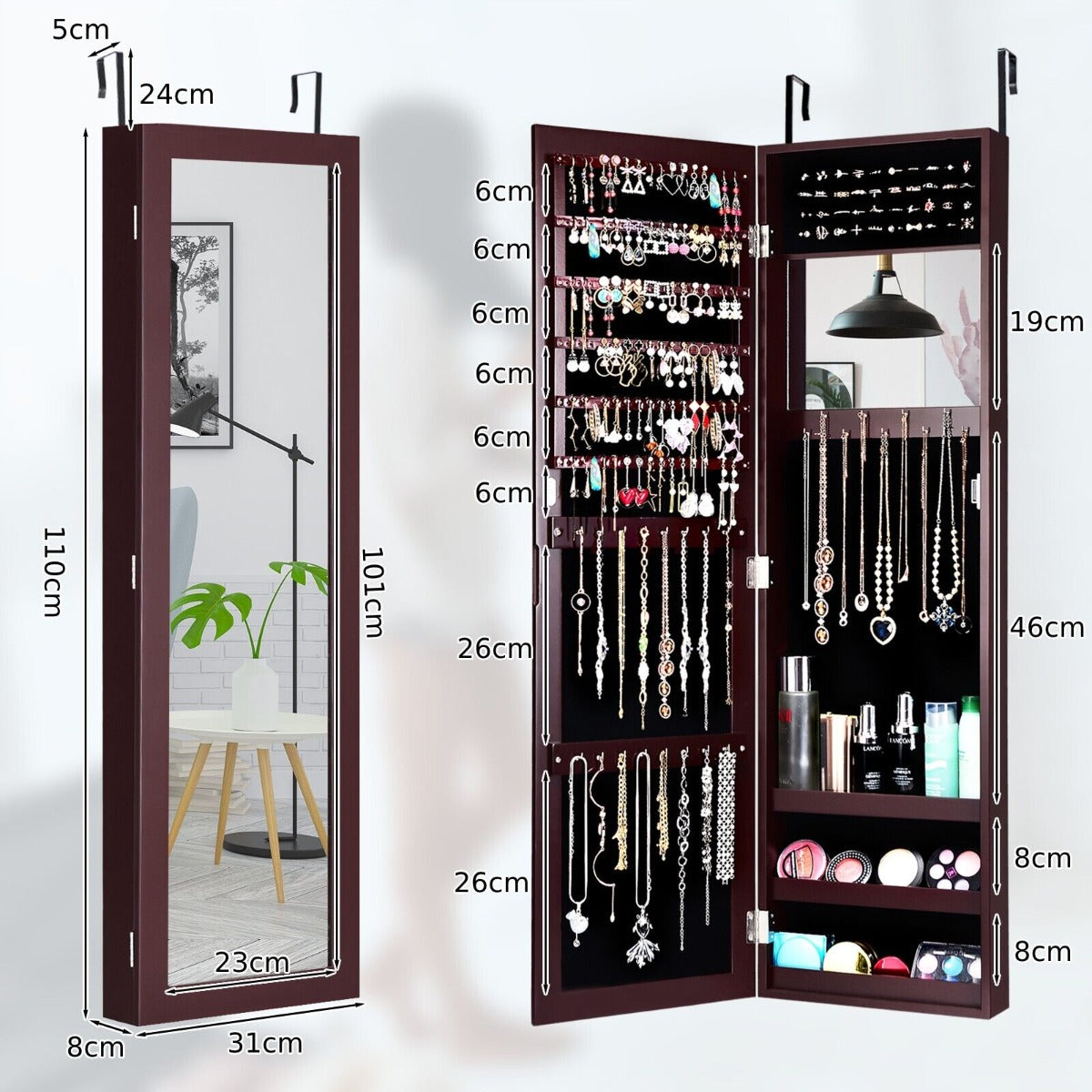 Wall Mounted Jewelry Armoire with Built-in Mirror and 3 Shelves-Brown