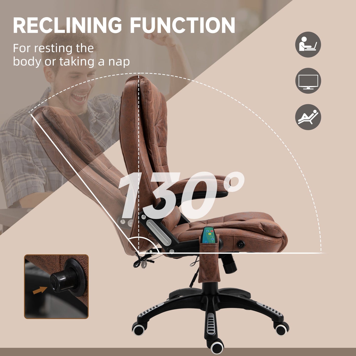 Vinsetto Massage Recliner Chair Heated Office Chair with Six Massage Points Microfiber Cloth 360Â° Swivel Wheels Brown