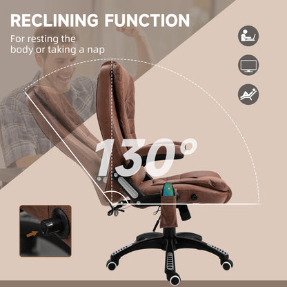 Vinsetto Massage Recliner Chair Heated Office Chair with Six Massage Points Microfiber Cloth 360Â° Swivel Wheels Brown