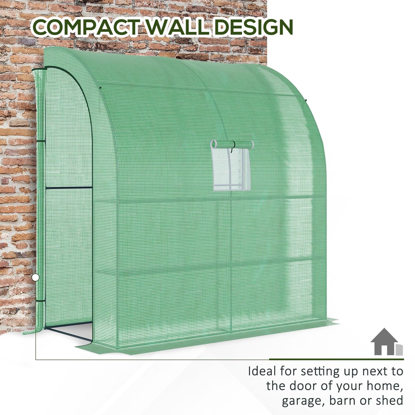 Walk-In Lean to Wall Greenhouse with Windows and Doors 2 Tiers 4 Wired Shelves 200L x 100W x 213Hcm Green