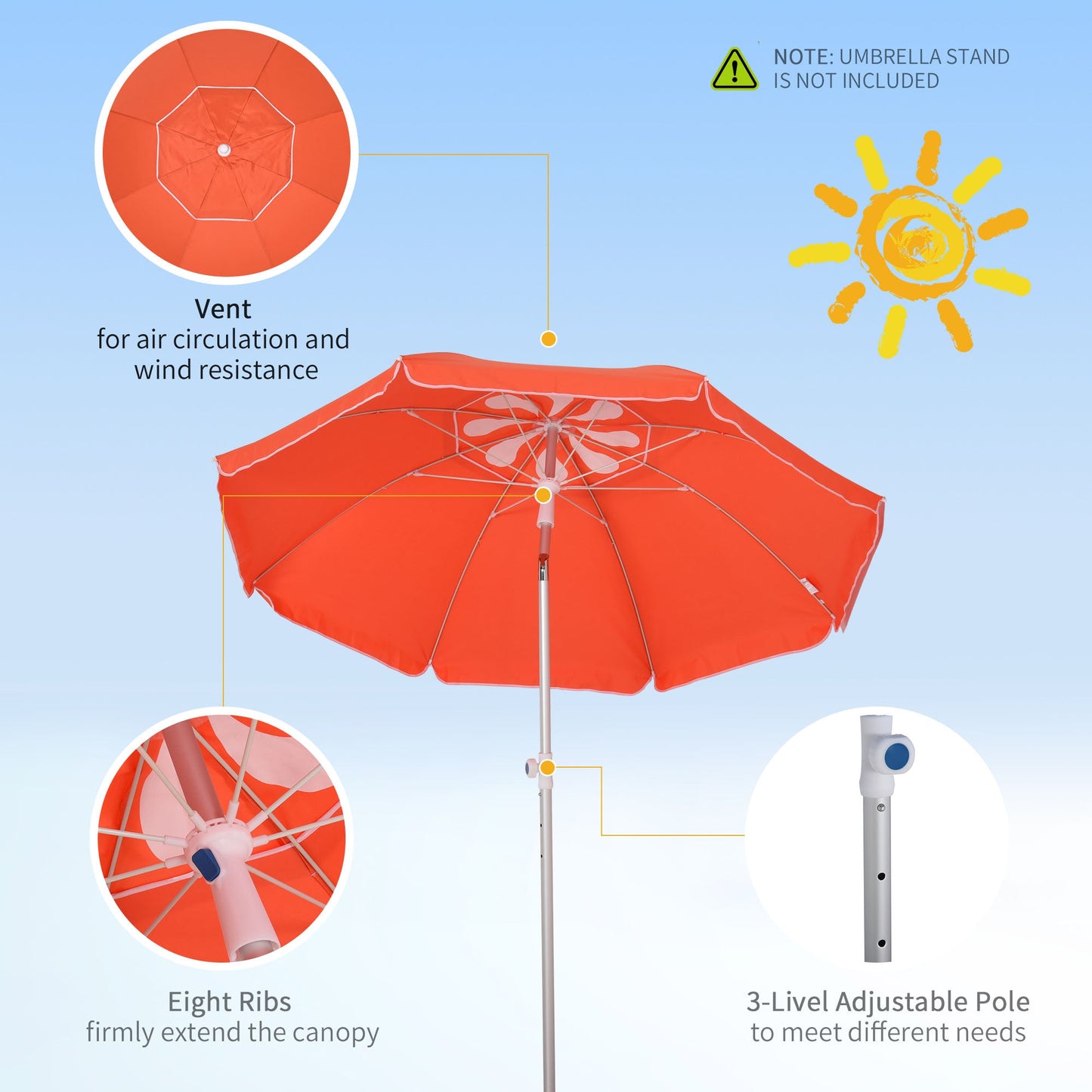 Outsunny 2m Arced Beach Umbrella, Portable Parasol with 3-Angle Tilting Function, Carry Bag, Outdoor Sunshade Shelter with 8 Fibreglass Ribs, Orange