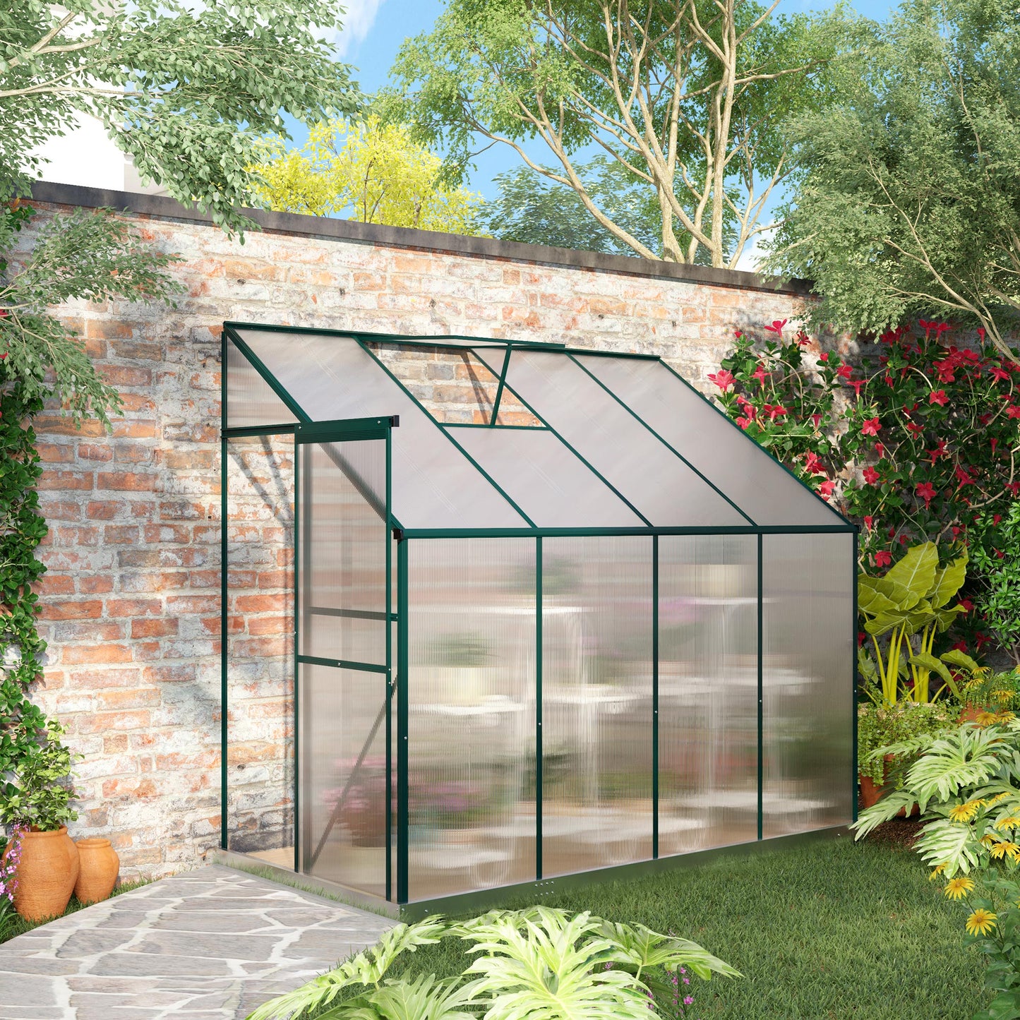 Walk-In Lean to Greenhouse Garden Heavy Duty Aluminium Polycarbonate with Roof Vent for Plants Herbs Vegetables, Green, 253 x 127 x 220 cm