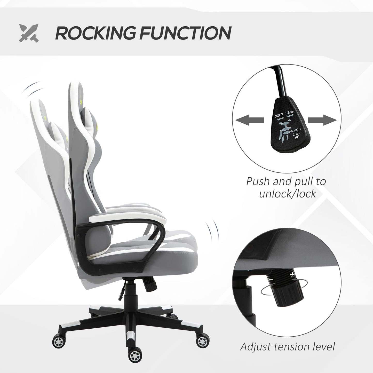 Vinsetto PVC Leather Gaming Desk Chair with Lumbar Support and Headrest - Grey/White