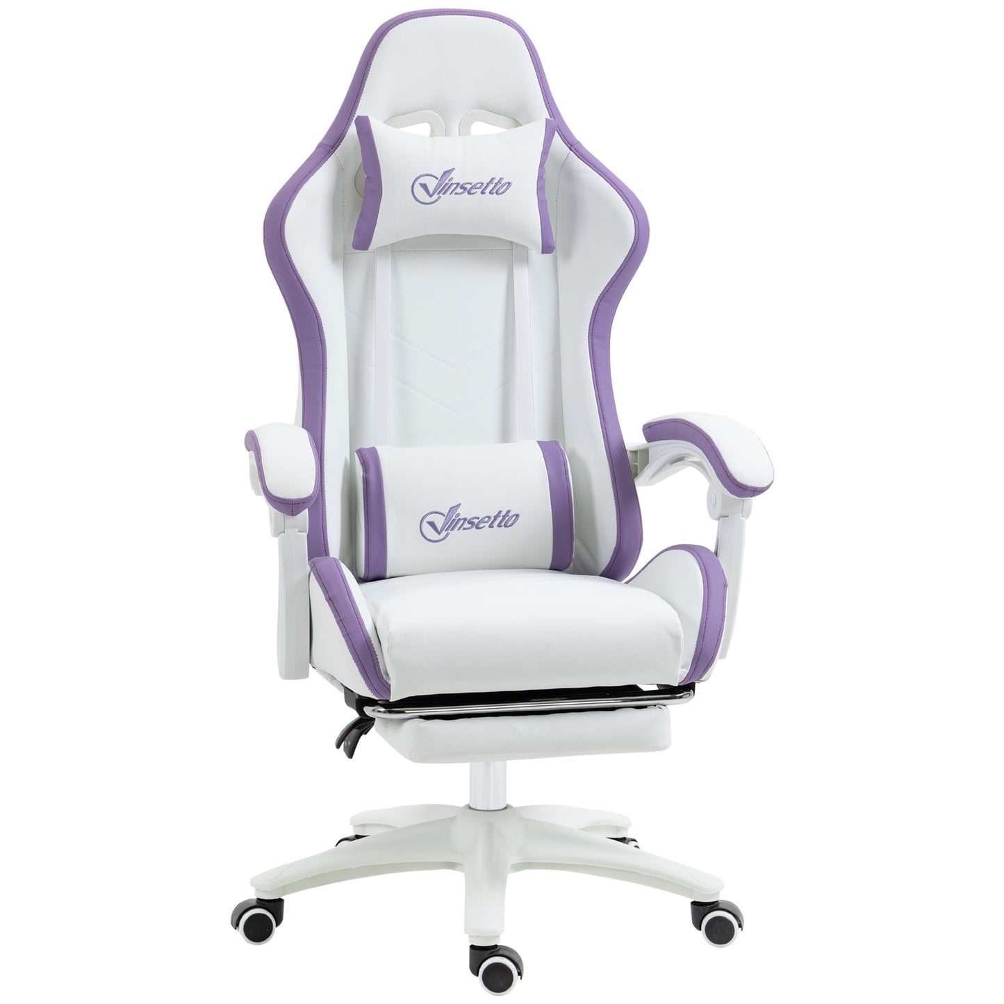 Vinsetto Reclining PU Leather Gaming Chair with Footrest, Removable Headrest and Lumber Support - White/Purple