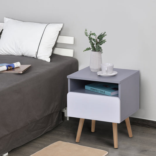 HOMCOM Clean-Cut Bedside Table Bedroom w/ Drawer Open Compartment Wood Legs Sleek Home Furniture Night Stand Stylish Grey White