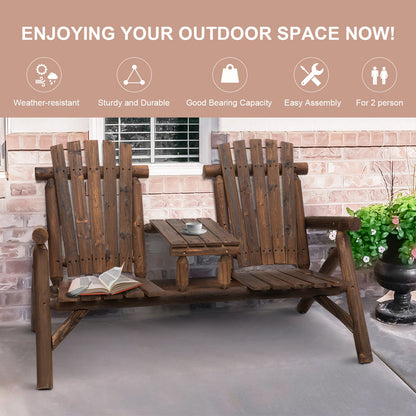 Wood Patio Chair Bench 2 Seats with Center Coffee Table, Garden Bench Backyard Benches, Perfect for Lounging and Relaxing Outdoors, Carbonized w/ Bench,