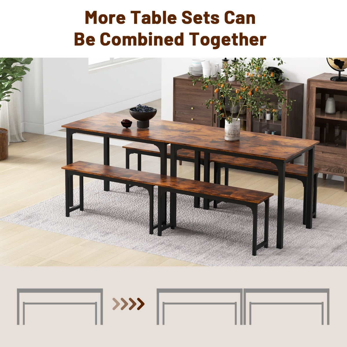 3 Pieces Space-Saving Dining Breakfast Table Set with 2 Benches-Coffee