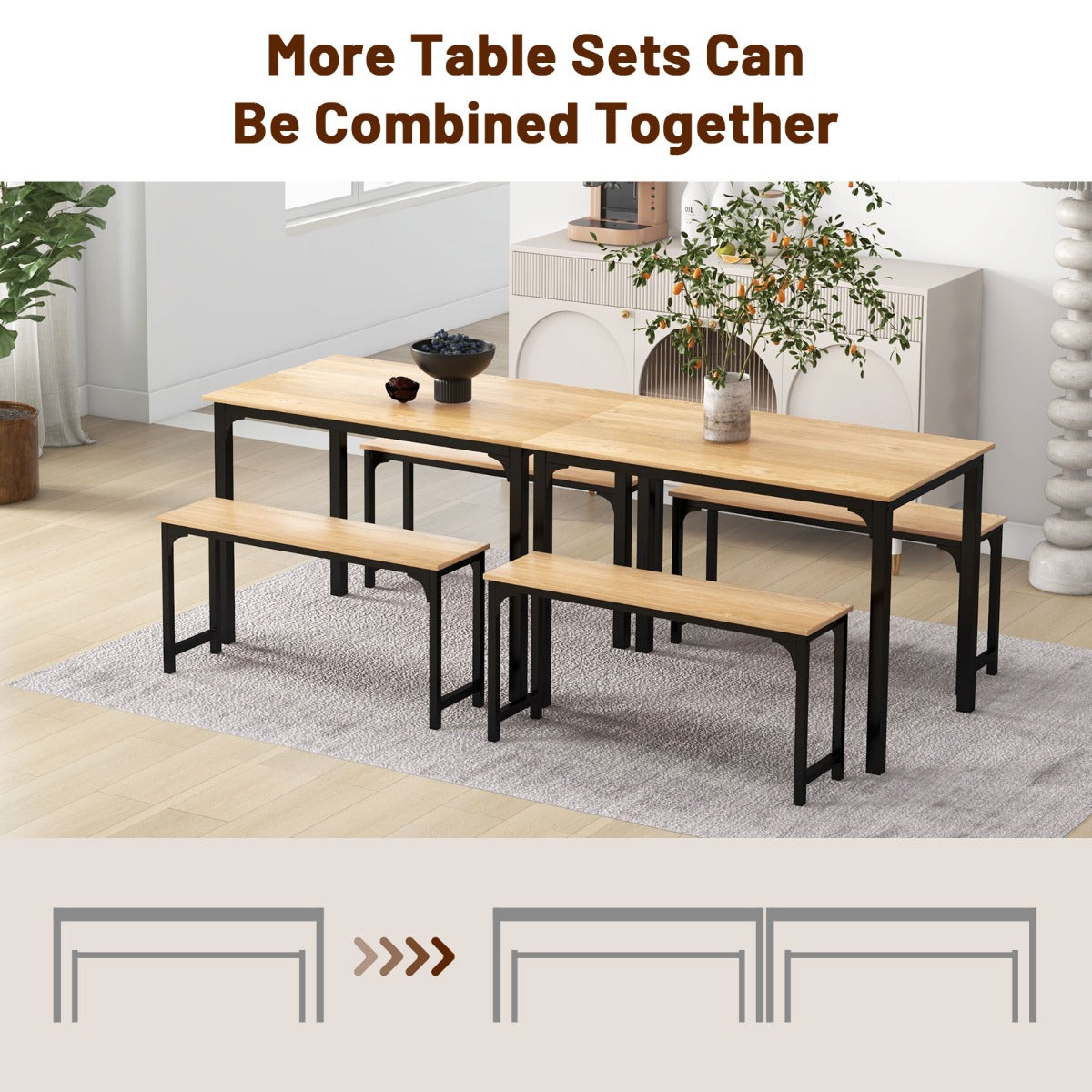 3 Pieces Space-Saving Dining Breakfast Table Set with 2 Benches-Natural