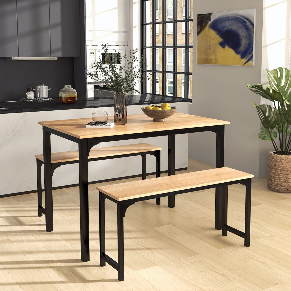 3 Pieces Space-Saving Dining Breakfast Table Set with 2 Benches-Natural