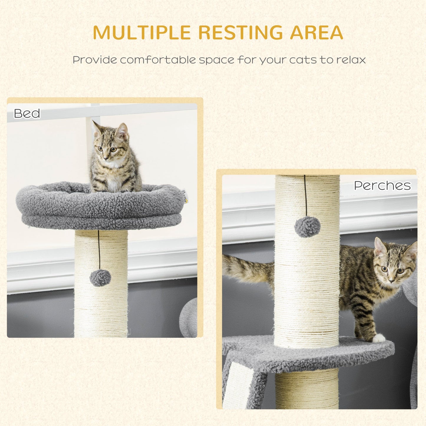 PawHut Cat Tree Tower with Scratching Posts, Pad, Bed, Toy Ball for Cats under 5 Kg, Dark Grey & Beige