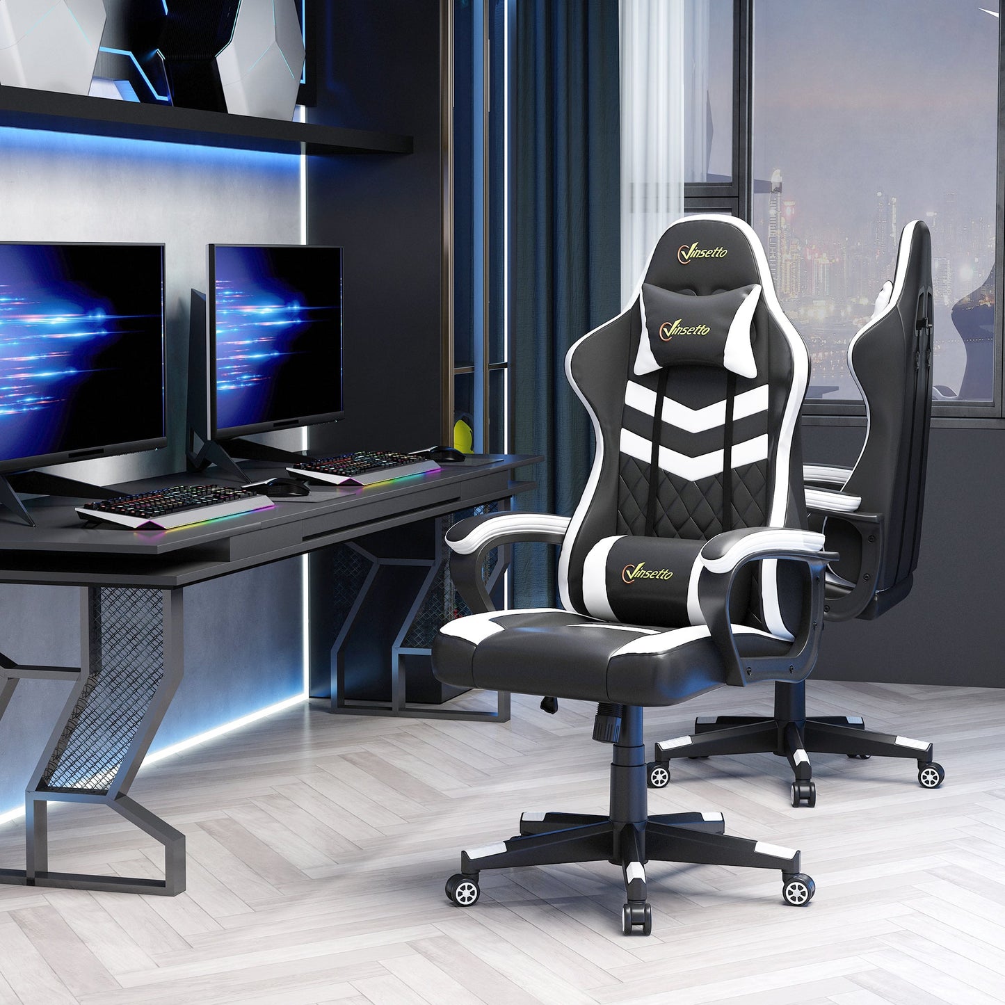 Racing Gaming Chair with Lumbar Support, Headrest, Gamer Office Chair, Black White