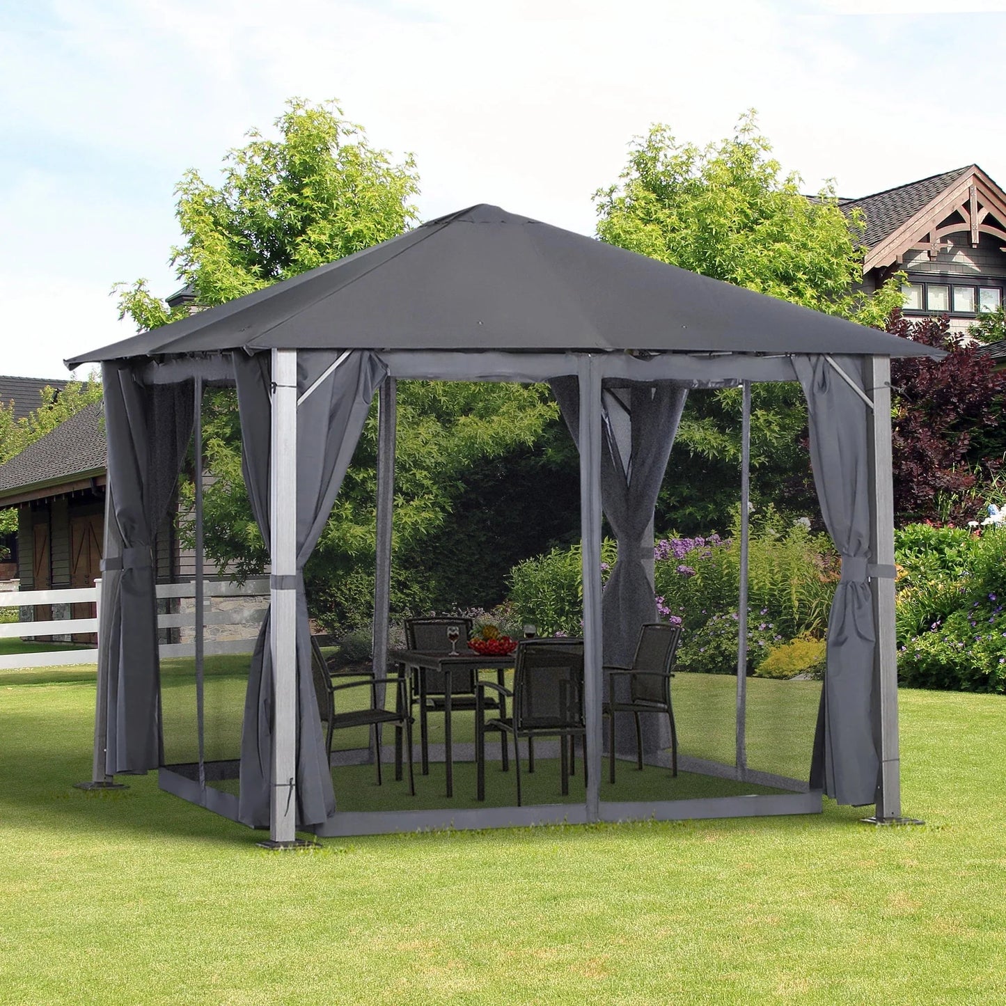 Outsunny 3(m) x 3(m) Garden Outdoor Soft Top Gazebo Steel Frame w/ Zipped Mesh Curtain Sidewalls Garden Sun Shelter Wedding Party Tent - Grey