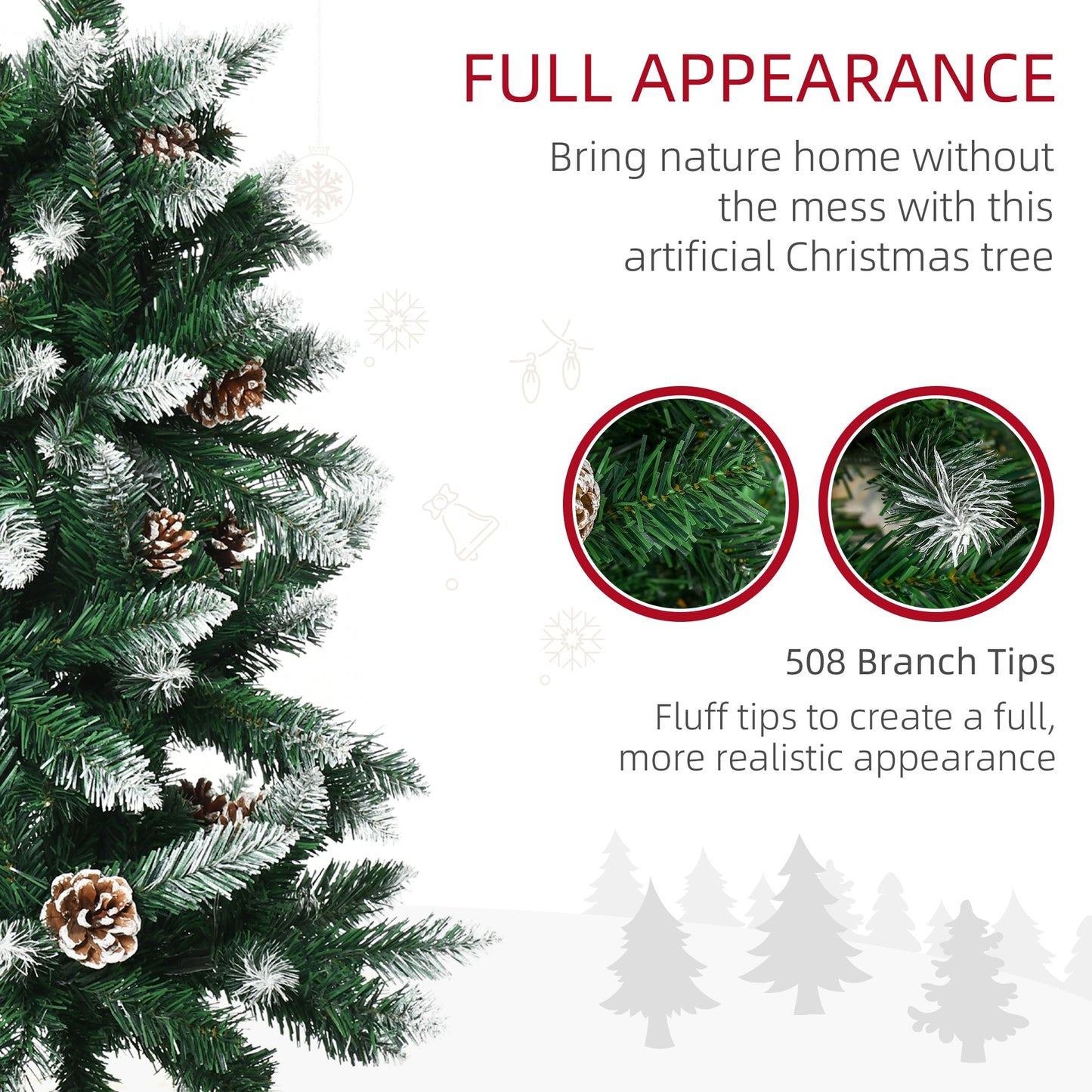 HOMCOM 6 Ft Snow Artificial Christmas Tree with Realistic Branches, Pine Cone, for Indoor Decoration, Green White