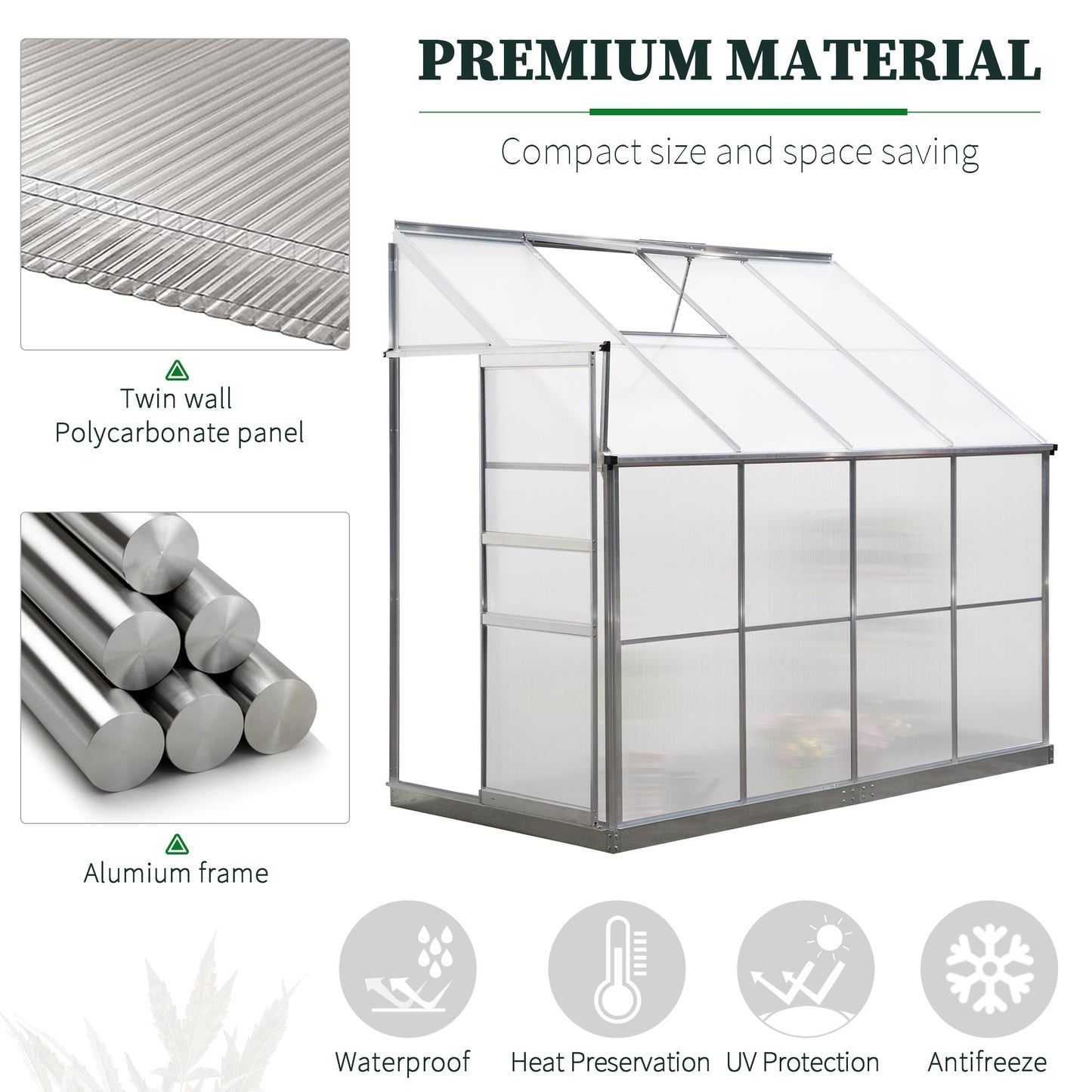 Walk-In Garden Greenhouse Heavy Duty Aluminum Polycarbonate with Roof Vent Lean to Design for Plants Herbs Vegetables 252 x 125 x 221 cm Frame w/