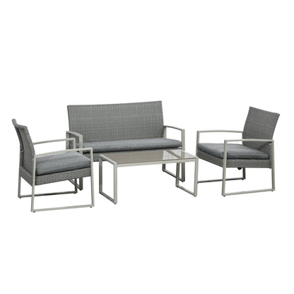 Outsunny 4 Seater Rattan Set 2 Single Sofa Armchairs and 1 Bench with Cushions & Coffee Table - Grey