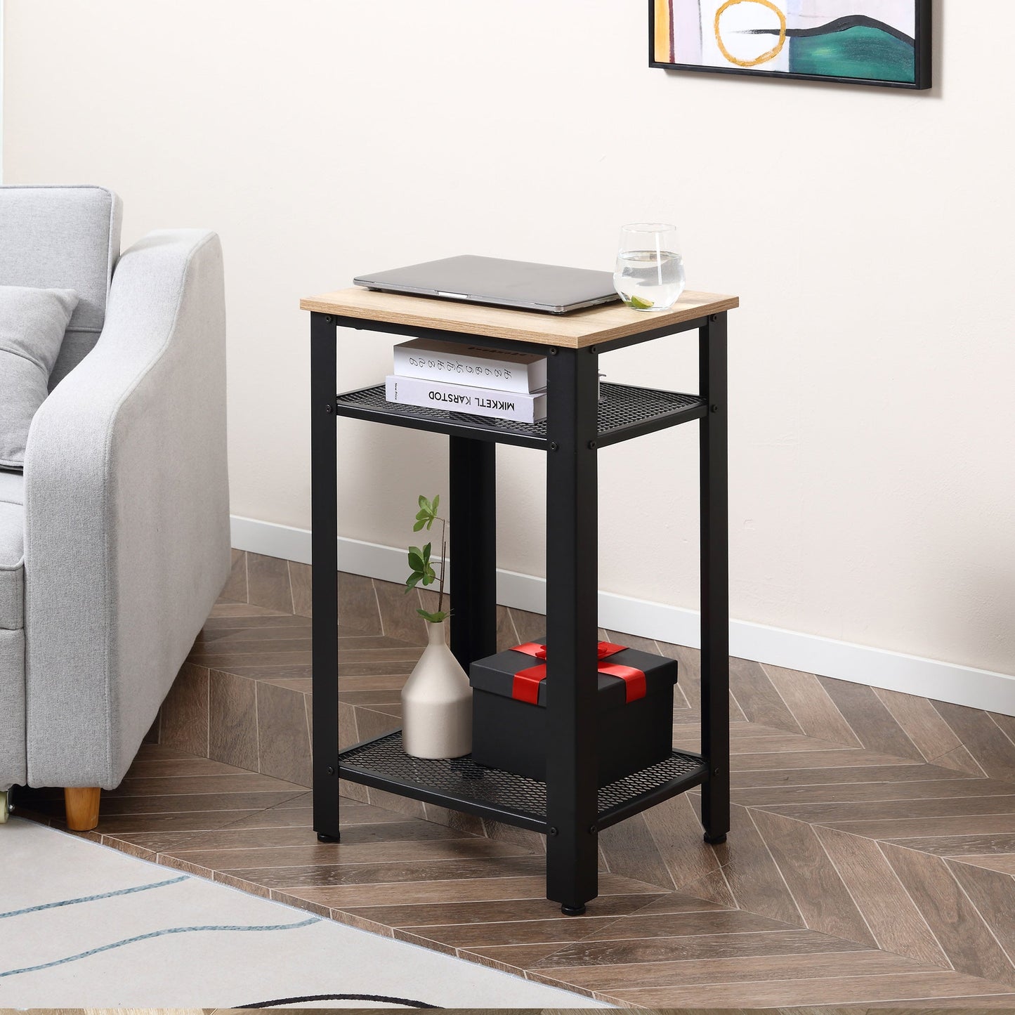 HOMCOM Industrial-Style Boxy Side Table 3 Layer 2 Shelves Storage Display w/ Metal Frame Stylish On-Trend Bedside End Table Nightstand