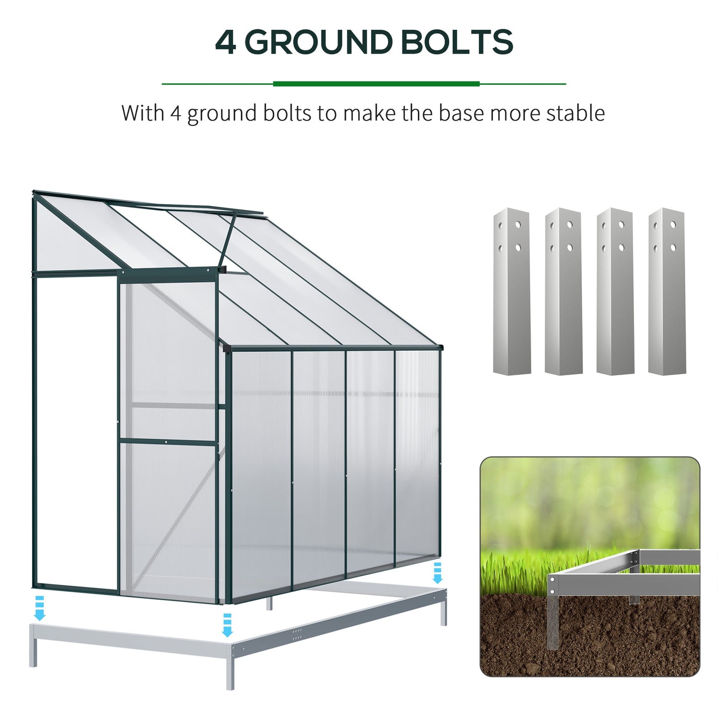 Walk-In Lean to Greenhouse Garden Heavy Duty Aluminium Polycarbonate with Roof Vent for Plants Herbs Vegetables, Green, 253 x 127 x 220 cm