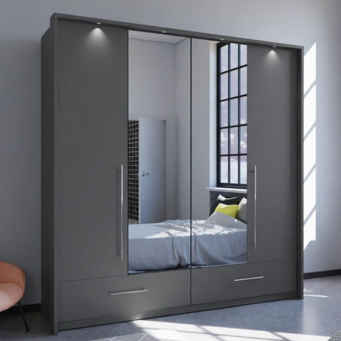 Lindsey 210cm Swing Door Wardrobe with Mirror and 2 Drawers - White and Graphite