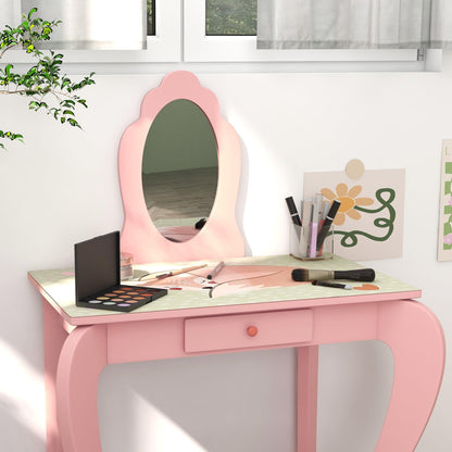 ZONEKIZ Kids Dressing Table with Mirror and Stool, Girls Vanity Table - Pink