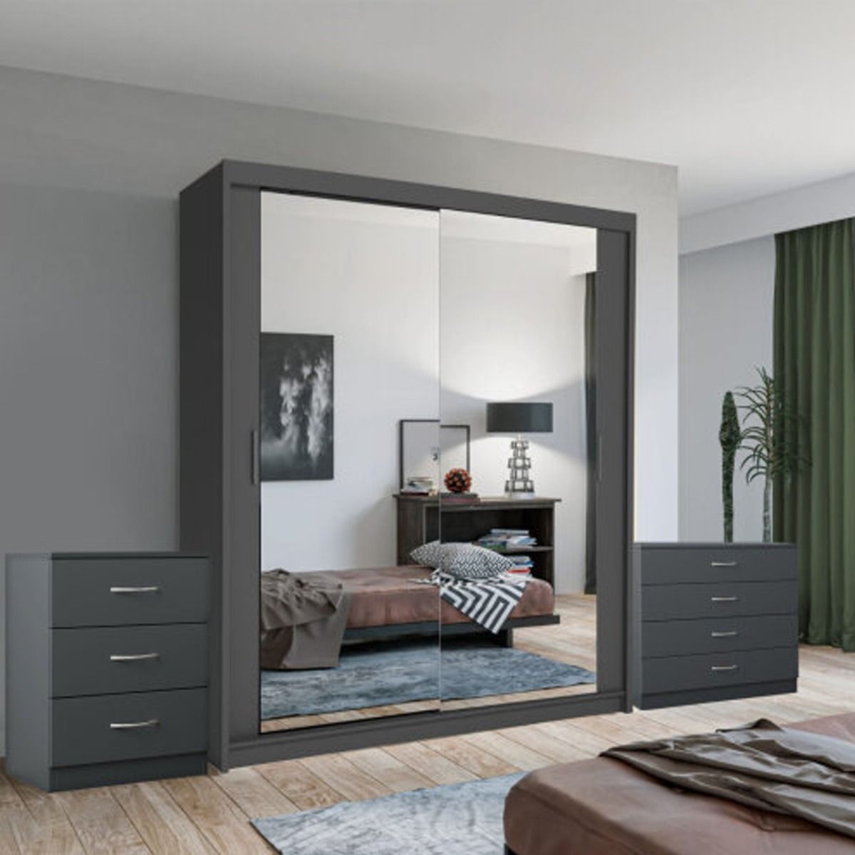 Hackney Sliding Wardrobe Set with Chest of Drawers and Bedside - Black