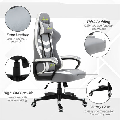 Vinsetto Racing Gaming Chair with Lumbar Support, Headrest, Swivel Wheel, PVC Leather Gamer Desk Chair for Home Office, Grey White