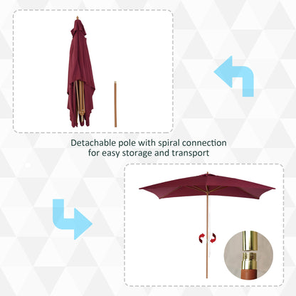 Wooden Garden Parasol 3x2 m Wine Red 3m x 2m Wood Sun Shade Patio Outdoor Umbrella Canopy Wine Red New