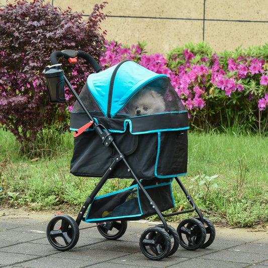 عربة أطفال PawHut Pet Stroller قابلة للطي بنقرة واحدة مع عجلات EVA وسلة قماش قابلة للإزالة وحامل زجاجات ومظلة قابلة للتعديل ومقود أمان