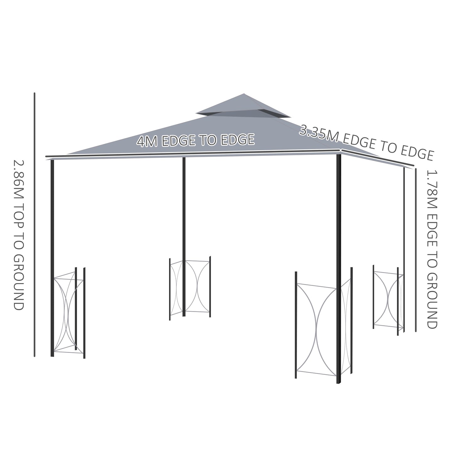 Outsunny 4 x 3.35(m) Patio Gazebo Canopy Garden Tent Sun Shade, Outdoor Shelter with 2 Tier Roof, Netting and Curtains, Steel Frame, Grey