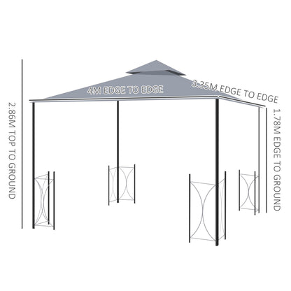 Outsunny 4 x 3.35(m) Patio Gazebo Canopy Garden Tent Sun Shade, Outdoor Shelter with 2 Tier Roof, Netting and Curtains, Steel Frame, Grey