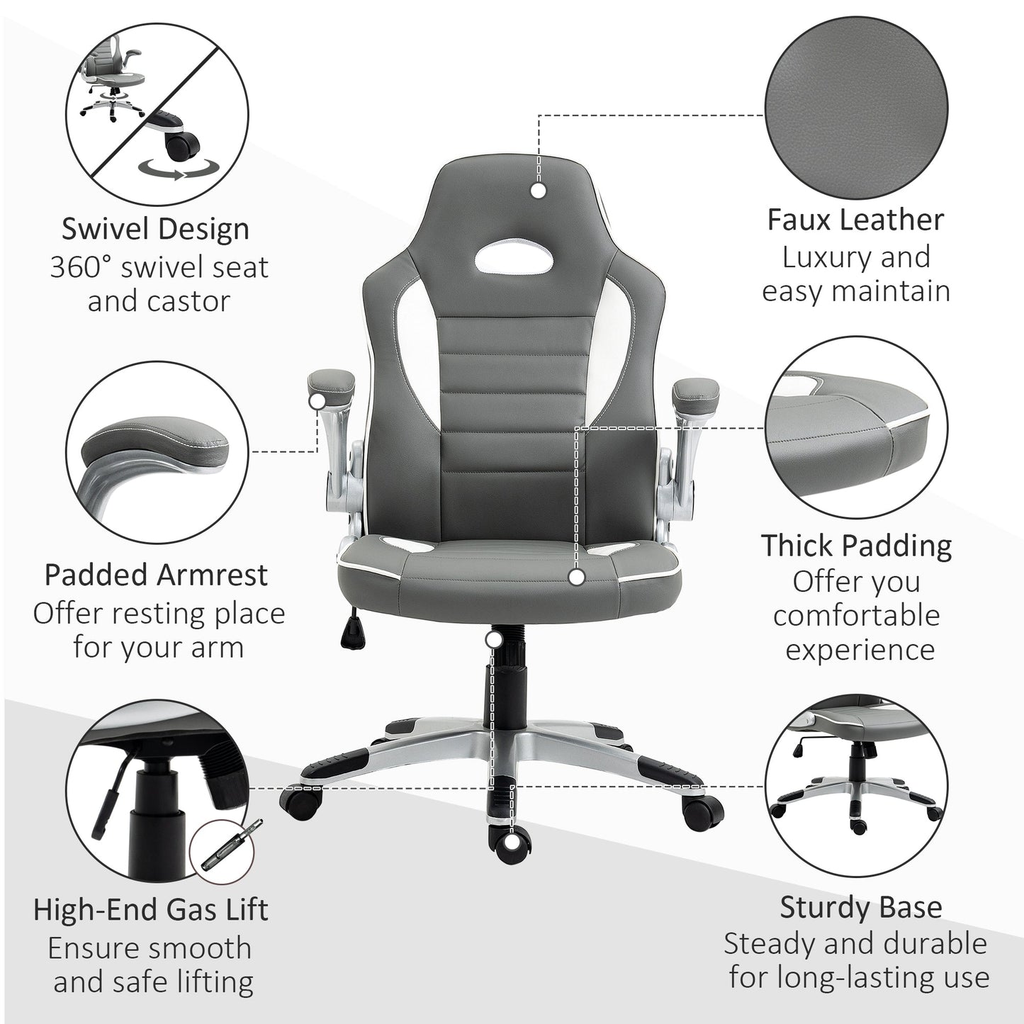 PU Leather Gaming Chair, Height Adjustable with Tilt Function and Flip Up Armrests - Grey