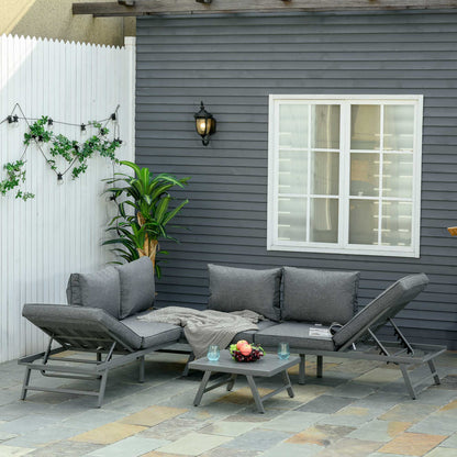 Outsunny 3 Pcs Garden Seating Set w/ Convertible Sofa Lounge Table - Grey