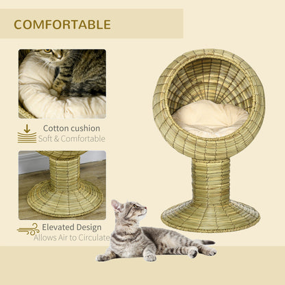 PawHut Raised Cat House, Natural Mat Grass Cat Bed, Kitten Cave with Stand Cushion, Detachable Top, Round, Yellow, Φ41x 71,5 cm