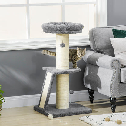 PawHut Cat Tree Tower with Scratching Posts, Pad, Bed, Toy Ball for Cats under 5 Kg, Dark Grey & Beige