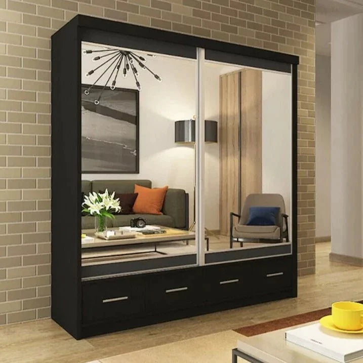 Newry Black Sliding Door Mirrored Wardrobe with Drawers - 150cm and 200cm