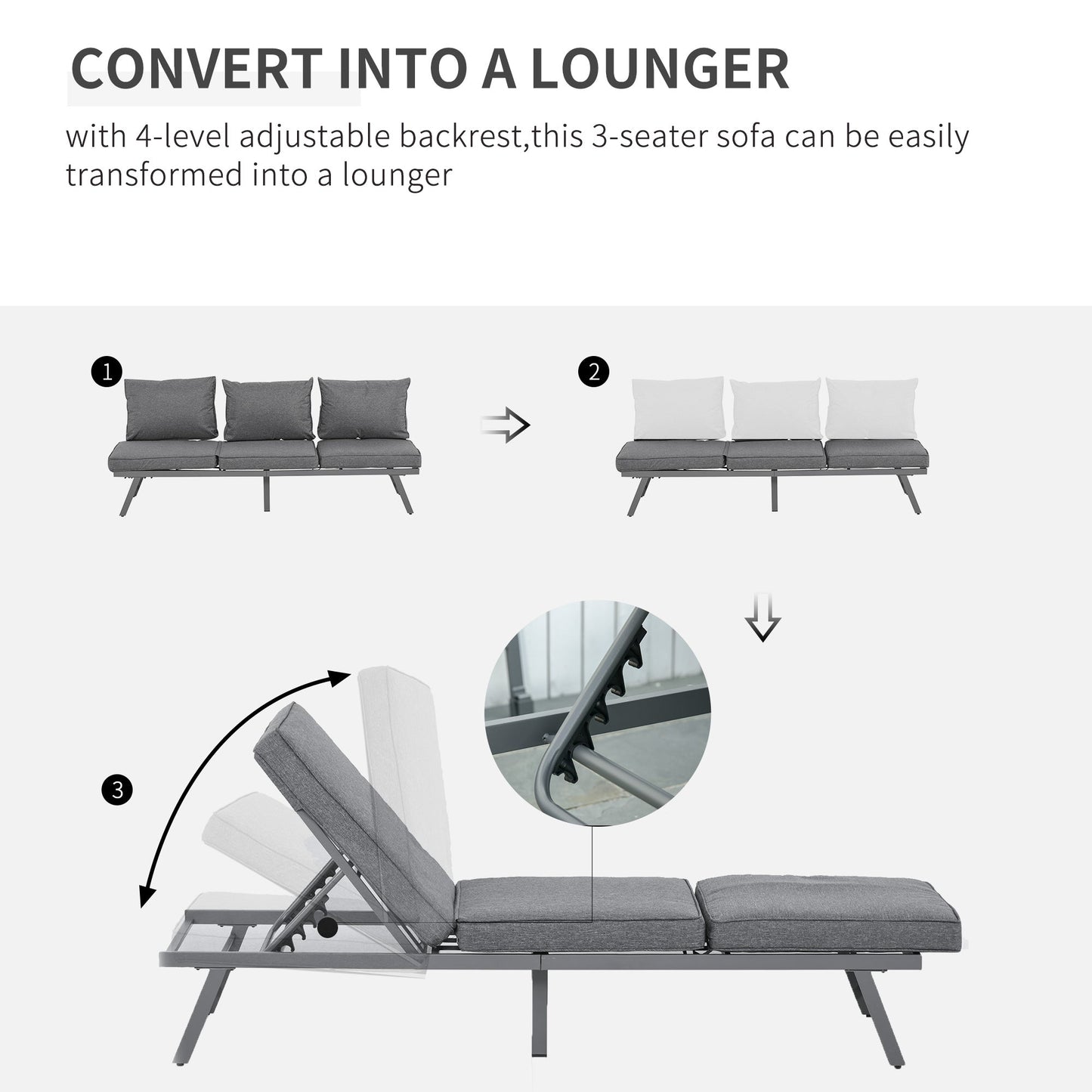 Outsunny 3 Pcs Garden Seating Set w/ Convertible Sofa Lounge Table - Grey