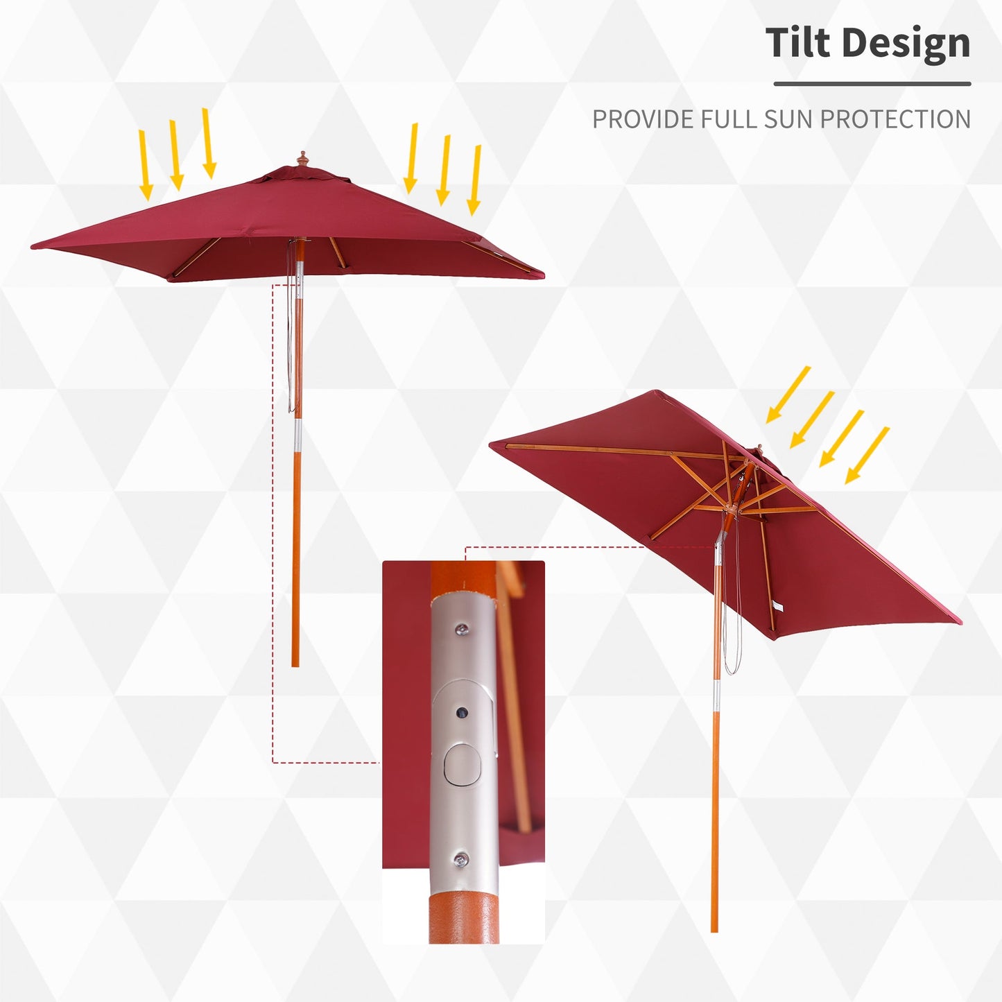 Outsunny 2m x 1.5m Garden Parasol Umbrella with Tilting Sunshade Canopy, Outdoor Market Table Umbrella with Wood and Bamboo Frame, Wine Red