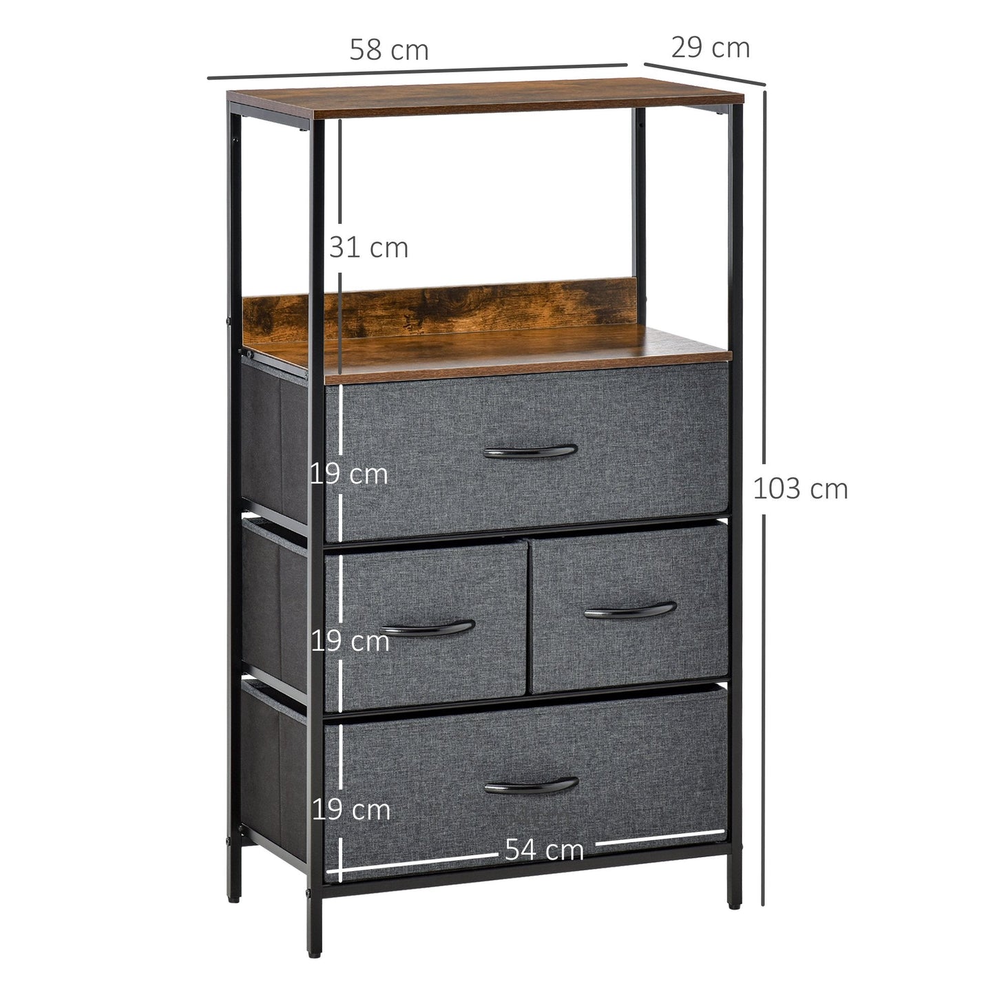4 Drawer Storage Chest Unit with Shelves and Fabric Drawers - Black