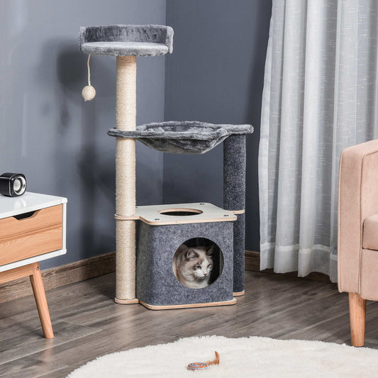 برج قطط PawHut Cat Tree بطول 95 سم ومركز أنشطة للقطط الصغيرة مع عمود خدش من السيزال، أرجوحة واسعة للشقق السكنية، باللون الرمادي