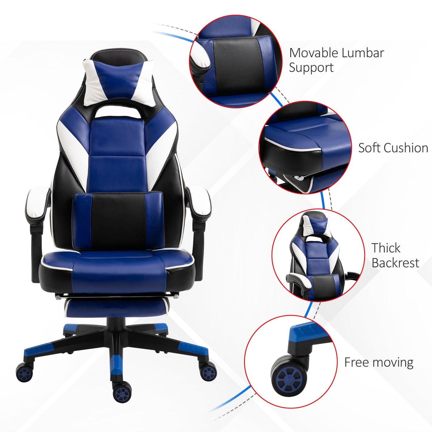 Vinsetto Cool & Stylish Gaming Chair Ergonomic Recliner w/ Thick Padding Footrest Neck & Back Pillow 5 Wheels Racing Swivel Height Adjustable Blue