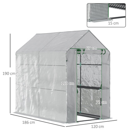 Walk in Garden Greenhouse with Shelves Polytunnel Steeple Grow House 186L x 120W 190Hcm White