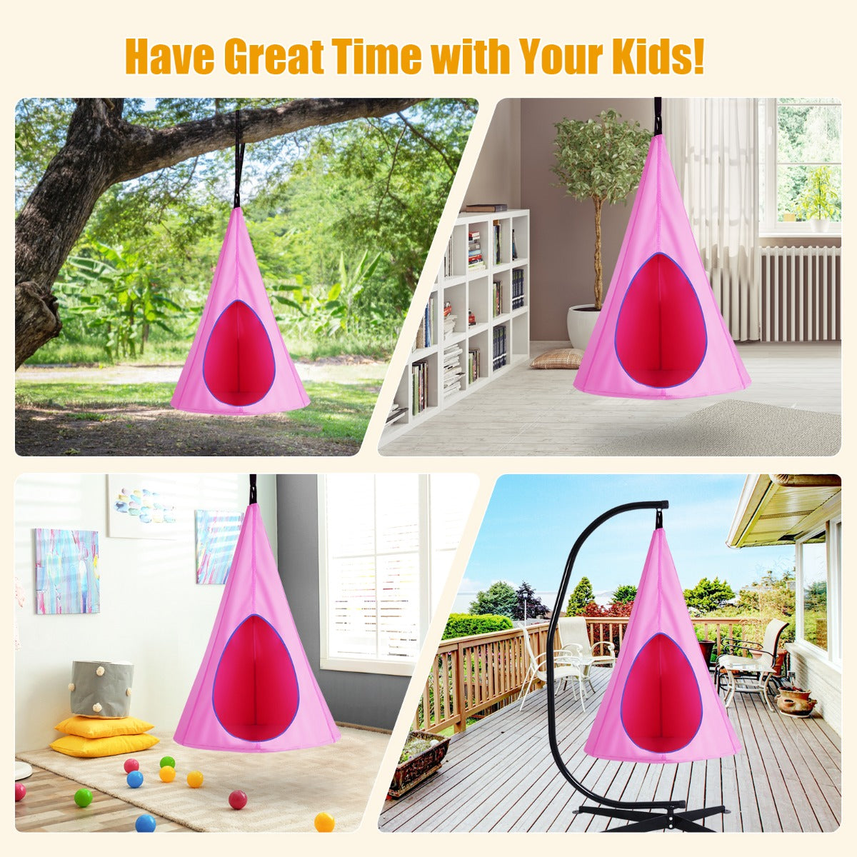 100 cm Adjustable Kids Tree Swing Tent with 2 Peep Windows-Pink