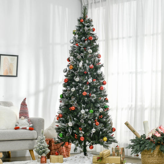 HOMCOM 7FT Artificial Christmas Tree Slim Pencil Xmas Tree with 738 Realistic Branches, Pine Cones, Red Berries, Auto Open, Green