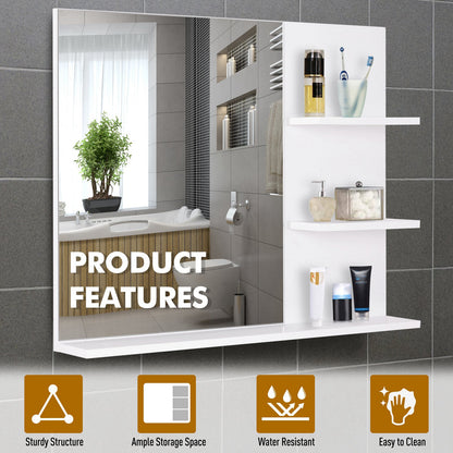 Wall Mounted Bathroom Mirror with 3 Tiers Storage Shelves - White