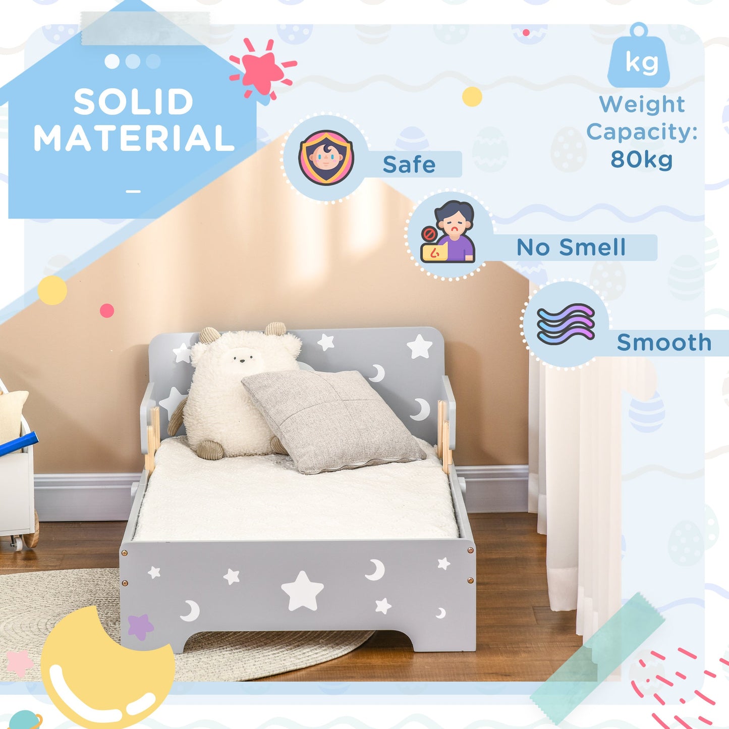 ZONEKIZ Kids Toddler Bed with Star & Moon Patterns, Safety Side Rails Slats, Kids Bedroom Furniture for Boys Girls 3-6 Years Old
