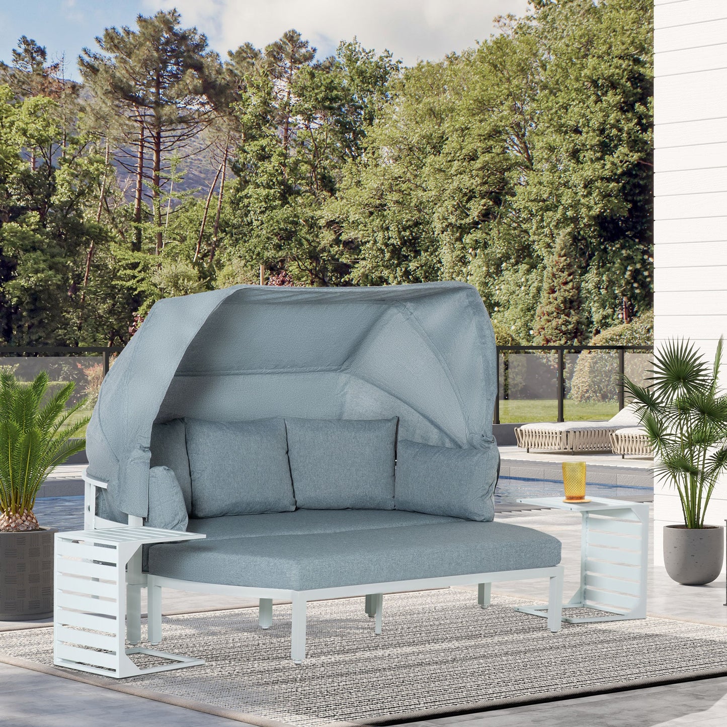 Outsunny 4 Pieces Outdoor Aluminium Patio Lounge Bed Furniture Set - White/Grey